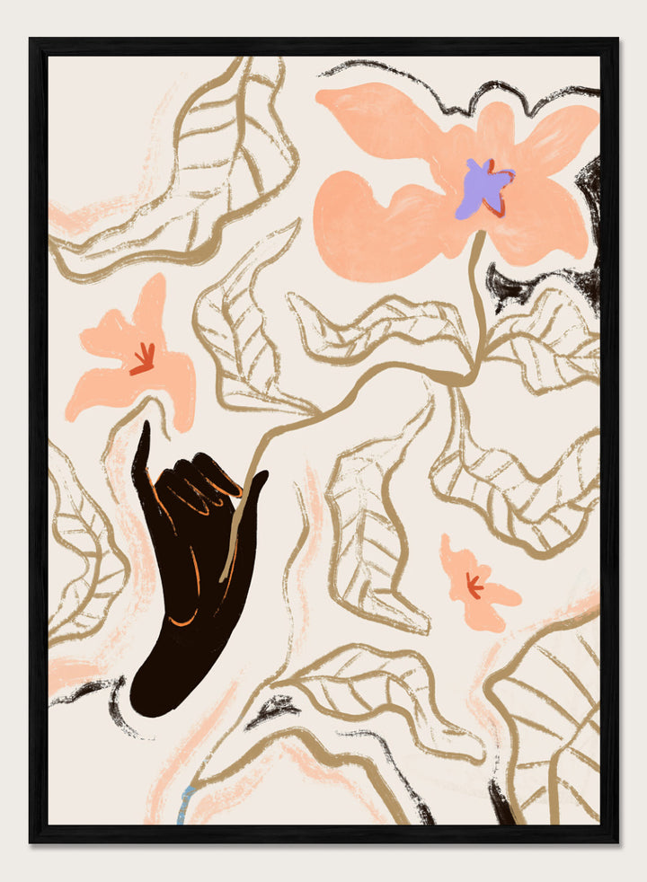 Abstract artwork with a black hand reaching towards flowers on a light background. Fleur by Arty Guava is a modern floral art print with soft abstract flowers and hand-drawn linework. Officially licensed wall poster with framing.