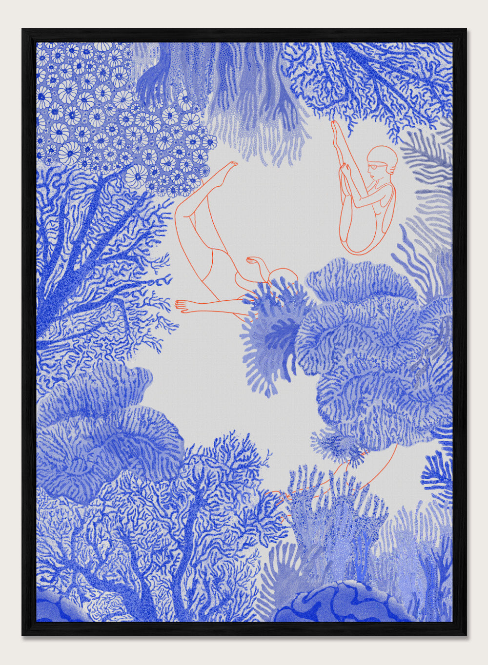 Illustration of people climbing on coral with blue and white patterns. Underwater by Jota de Jai is a modern blue wall art print of swimmers drifting through an ocean coral illustration, available as a premium fine art poster with optional wood framing.