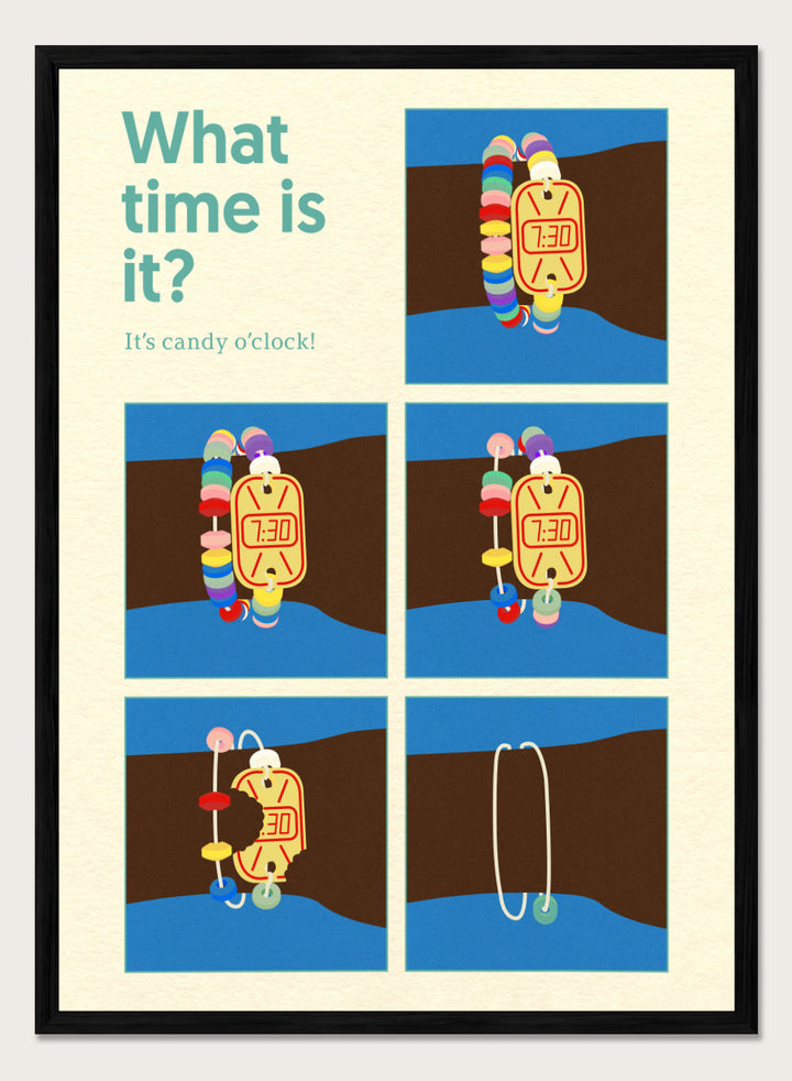 Cartoon character with a candy clock on wrist, asking 'What time is it? It's candy o'clock!' on a blue and brown background. Poster Candy Clock by Rosi Feist is a playful candy bracelet art print with bold Bauhaus design and retro color. Officially licensed modern wall poster.