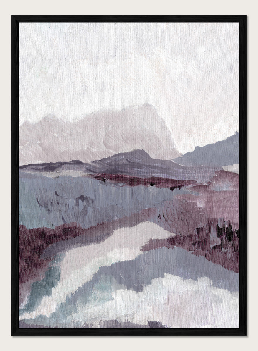 Shop Muted Mountain Landscape by Nikita Jariwala, an abstract mountain wall art print poster featuring misty peaks, layered scenery, and soft purple tones.