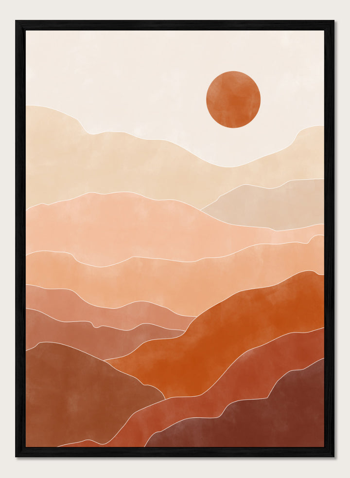 Shop Warm Desert Layers by Elena Ristova, a modern desert wall art print poster featuring layered hills, a terracotta sun, and warm peach, rust, and brown tones.