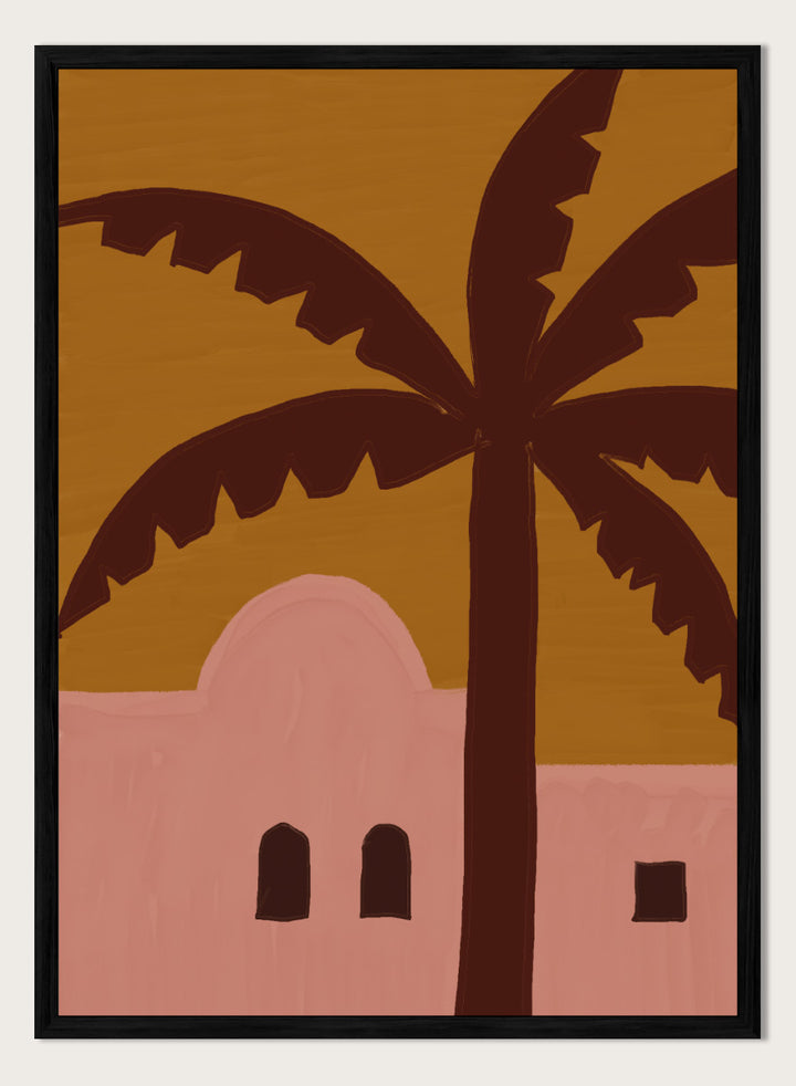 A stylized painting of a palm tree in front of a pink building under a mustard yellow sky. Desert Palm Abode by The Art Concept art print featuring a pink desert home, oversized palm tree, ochre sky, and warm retro color palette.