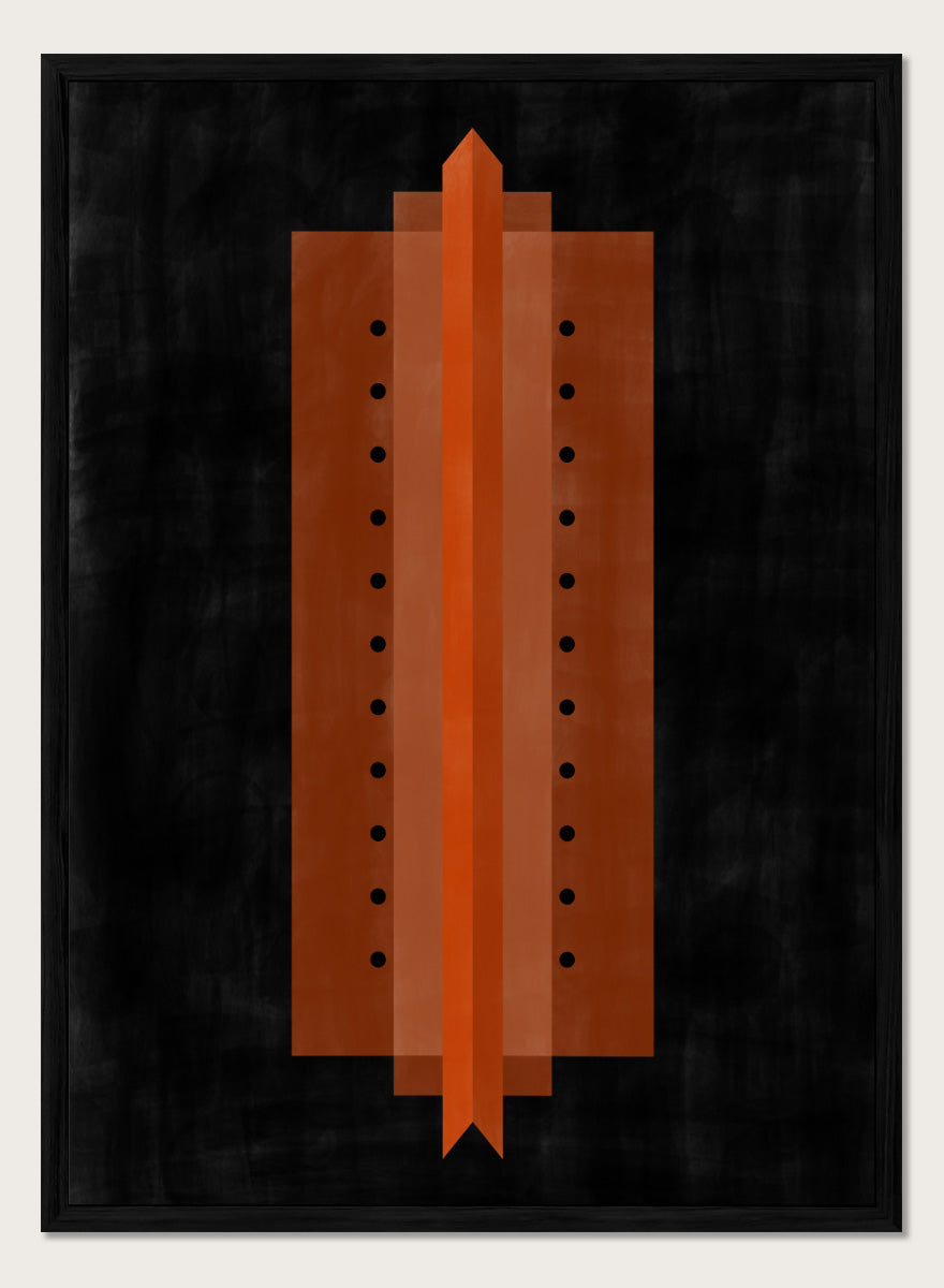 Shop Orange Art Deco Structure by Elena Ristova, a modern abstract wall art print poster featuring bold orange geometry, black dots, and strong symmetry.