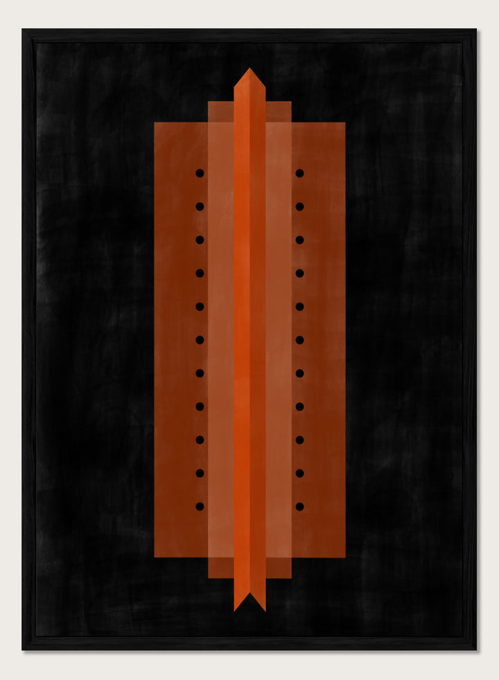 Shop Orange Art Deco Structure by Elena Ristova, a modern abstract wall art print poster featuring bold orange geometry, black dots, and strong symmetry.