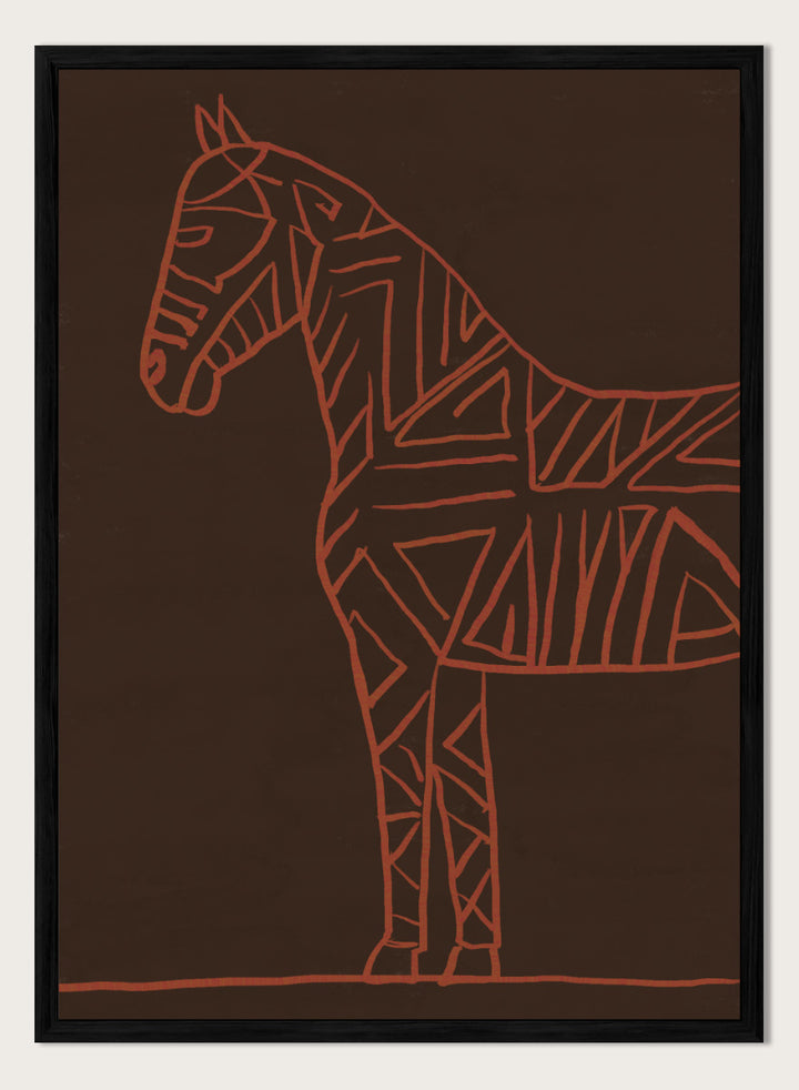 A minimalist art print featuring a stylized horse silhouette outlined in terracotta red on a dark brown background. Horse Line Art by The Art Concept animal art print featuring a stylized horse, geometric linework, warm rust tones, and a deep brown background.