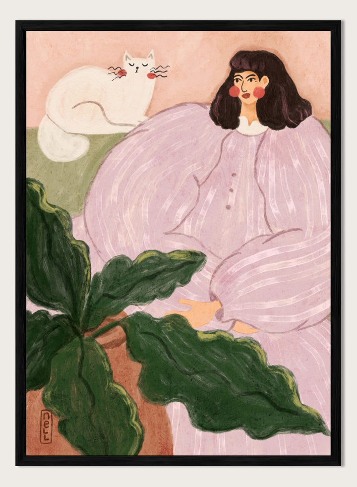 A stylized painting of a woman in a pale pink striped dress seated beside a white cat, with large green leaves in the foreground and a peach background. Cozy Woman With Cat by Dirkie Nell is a colorful portrait and animal art print featuring a woman in lavender, a white cat, oversized leaves, and soft pink tones.