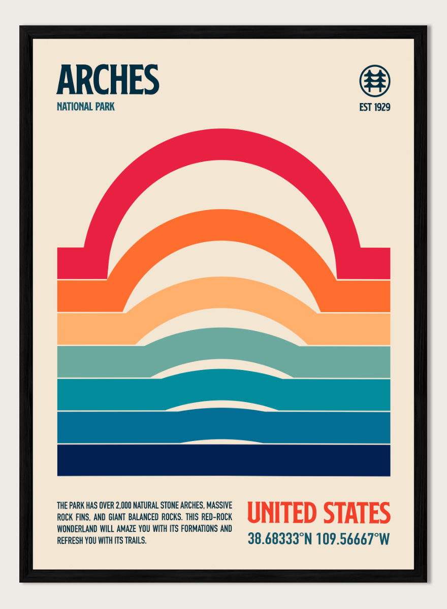 A retro-style poster for Arches National Park featuring a stylized rainbow arch made of horizontal color bands on a cream background, with the text &