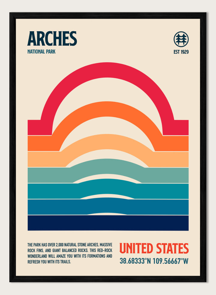A retro-style poster for Arches National Park featuring a stylized rainbow arch made of horizontal color bands on a cream background, with the text &