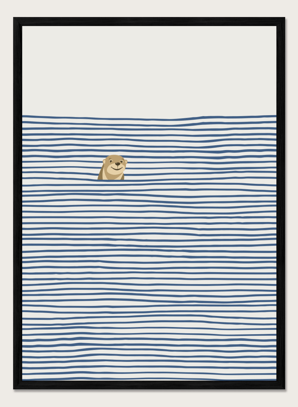 Otter in the Waves art print by Little Dean. Playful contemporary wall art featuring a smiling otter, blue wave pattern, minimalist illustration, and modern poster design.