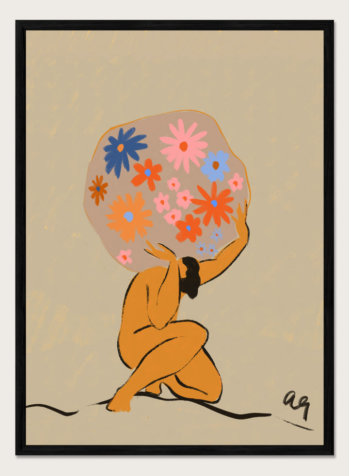 Surreal artwork of a figure holding a globe filled with colorful flowers on a beige background. World On Her Shoulders by Arty Guava is a colorful contemporary art print featuring a floral globe, expressive female figure, empowerment, and modern illustration.