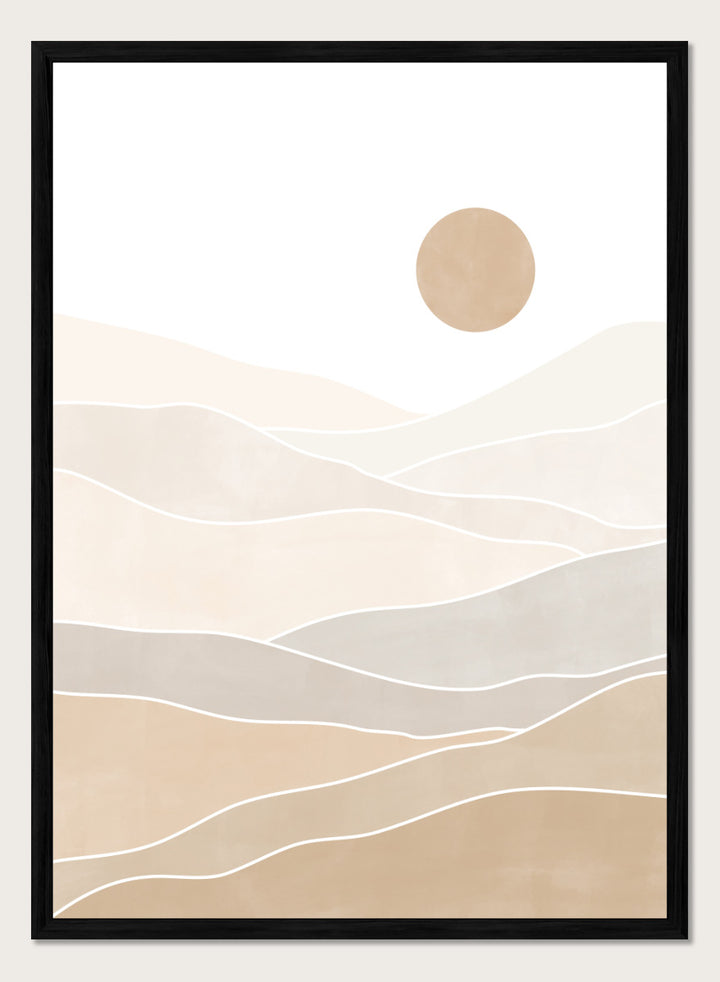 Shop Layered Desert Sun by Elena Ristova, a modern desert wall art print poster featuring soft layered dunes, pale neutral tones, and a muted sun.