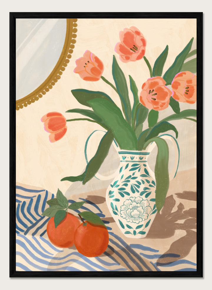 Fresh Tulips and Oranges by Katarzyna Gąsiorowska botanical still life art print with coral flowers, citrus fruit, and a patterned ceramic vase.