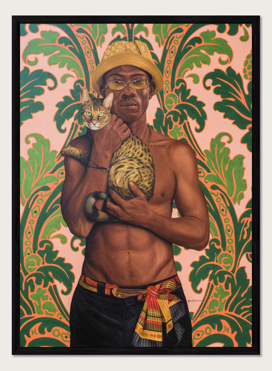 Shop Confident Man With Cat by Damilare Jamiu, a contemporary portrait art print featuring a stylish man, spotted cat, patterned details, and green and coral tones.