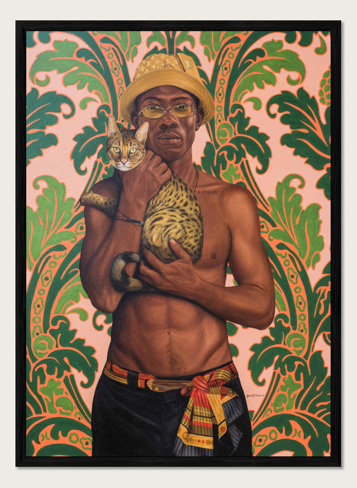 Shop Confident Man With Cat by Damilare Jamiu, a contemporary portrait art print featuring a stylish man, spotted cat, patterned details, and green and coral tones.