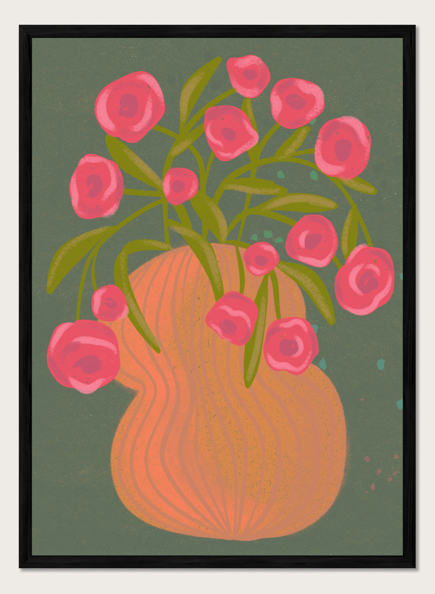Shop Pink Flowers Orange Vase by Nikita Jariwala, a floral wall art print poster with bold pink blooms, an orange vase, olive stems, and deep green tones.