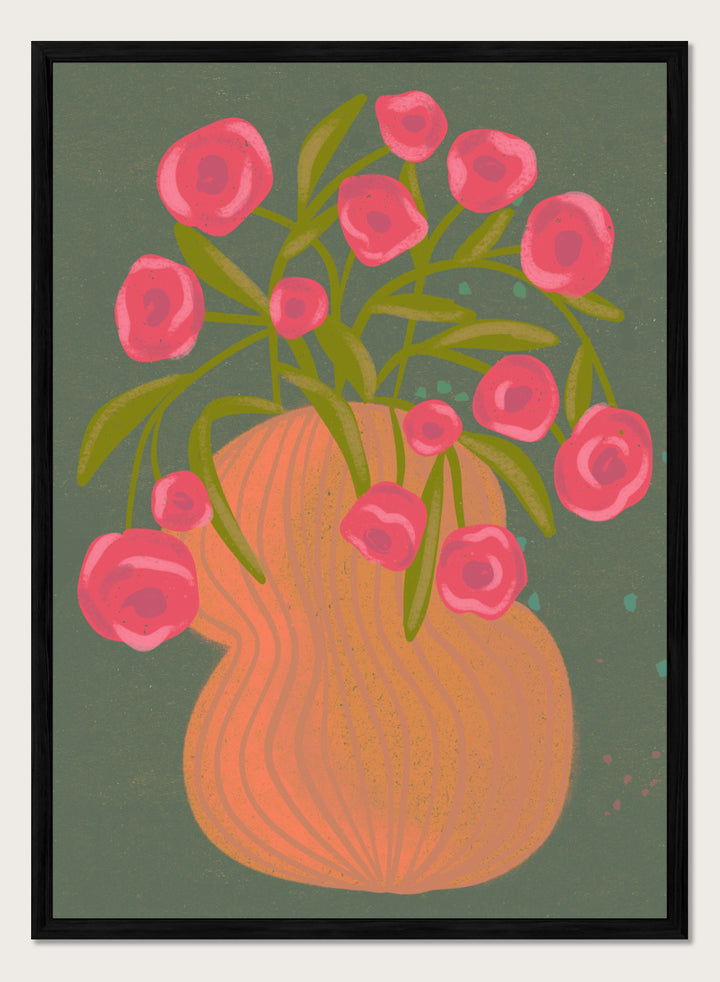 Shop Pink Flowers Orange Vase by Nikita Jariwala, a floral wall art print poster with bold pink blooms, an orange vase, olive stems, and deep green tones.