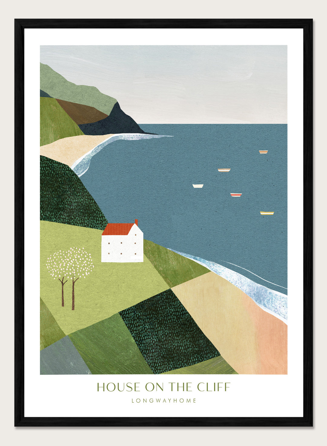 Illustration of a house on a cliff overlooking a coastal scene with boats. House on the Cliff by Longwayhome is a minimalist coastal landscape art print featuring ocean views, cliffside scenery, and modern travel inspired wall art.
