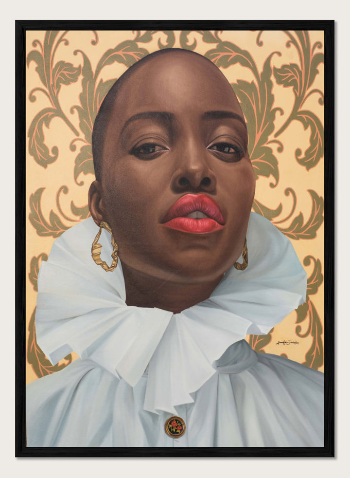 A portrait-style artwork of a person with a shaved head, wearing a large white ruffled collar and gold hoop earrings, set against an ornate beige and olive damask pattern. Shop Regal Woman Ruffled Collar by Damilare Jamiu, a contemporary Black portrait art print with a dramatic white collar, gold earrings, and warm cream tones.