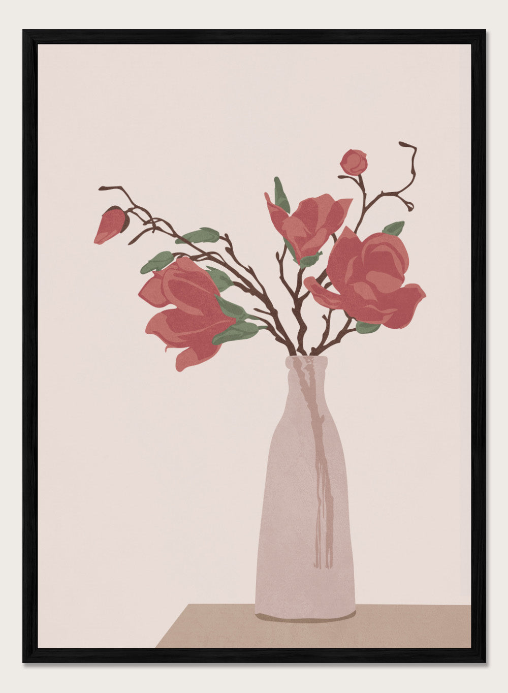 Vase with red flowers on a beige background. Vase by Flow Line is a modern still life art print featuring soft pink flowers in a ceramic vase. A warm, minimal wall poster from the It’s All Love collection.