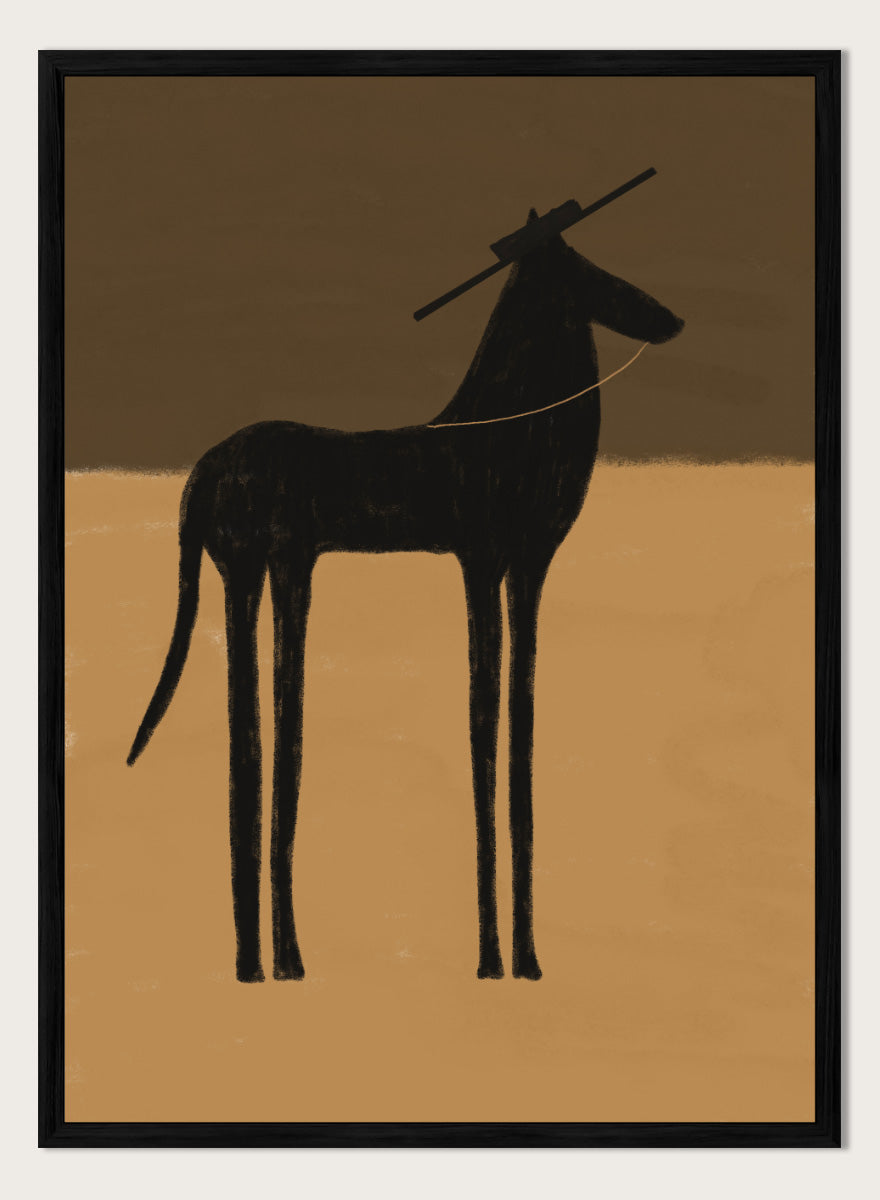 A minimalist art print featuring a black silhouette of a long-legged animal, possibly a zebra or antelope, standing against a two-tone brown background. The Unspoken Story by The Art Concept animal art print featuring a tall black horse in a wide hat against warm brown and sand tones.