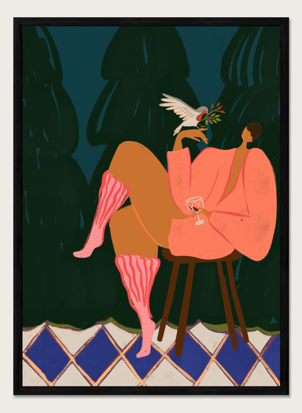 Illustration of a person in a pink dress sitting on a stool with a glass of wine, holding a dove with an olive branch. A Lil Birdy Told Me by Arty Guava is a modern woman art print with a bird, pink robe, and bold color. Officially licensed wall poster.