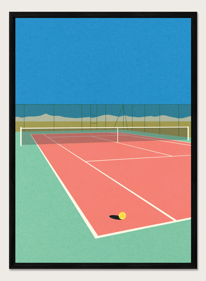 Illustration of a tennis court with a ball on the ground and mountains in the background. Tennis Court in the Desert by Rosi Feist is a modern minimalist fine art print of a pink tennis court in a surreal desert landscape. Officially licensed wall poster with optional artisan framing.