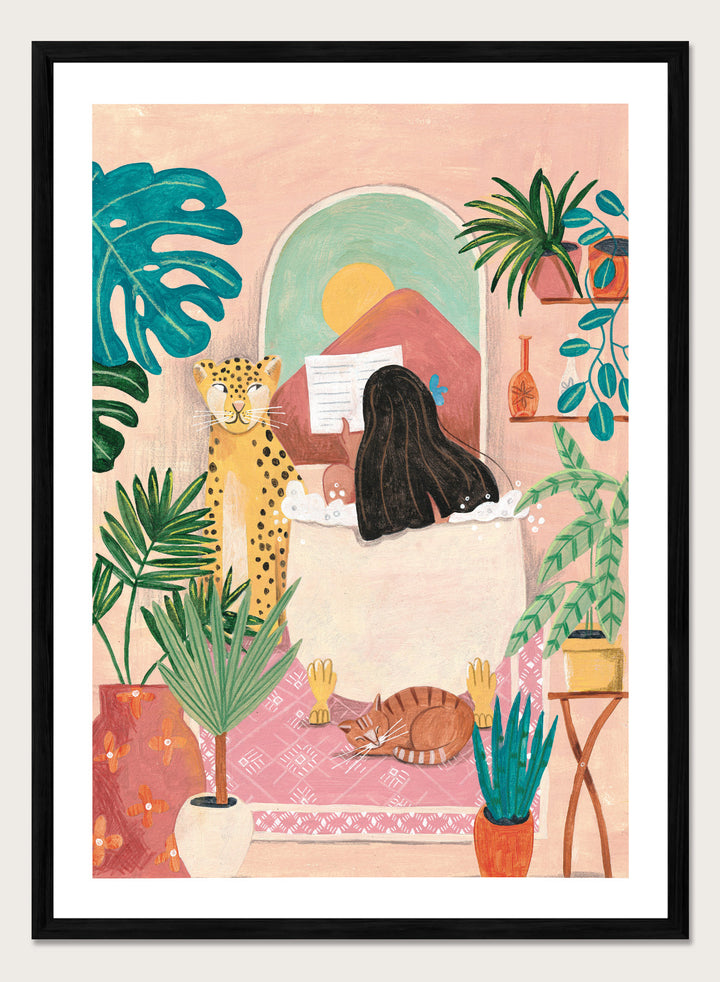 Illustration of a woman reading a book with a leopard and cat in a room filled with plants. Girl Reading Tropical Bath by Caroline Bonne Müller fine art print, wall art poster with bold color, tropical interior, modern playful aesthetic design.