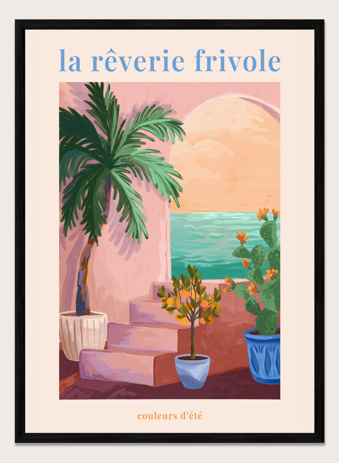 Artistic depiction of a tropical scene with palm trees and plants, featuring the text 'la rçverie frivole'. La Rêverie Frivole Palm by Goed Blauw is a coastal art print and wall poster featuring a palm tree, citrus plant, and ocean view in warm summer tones.