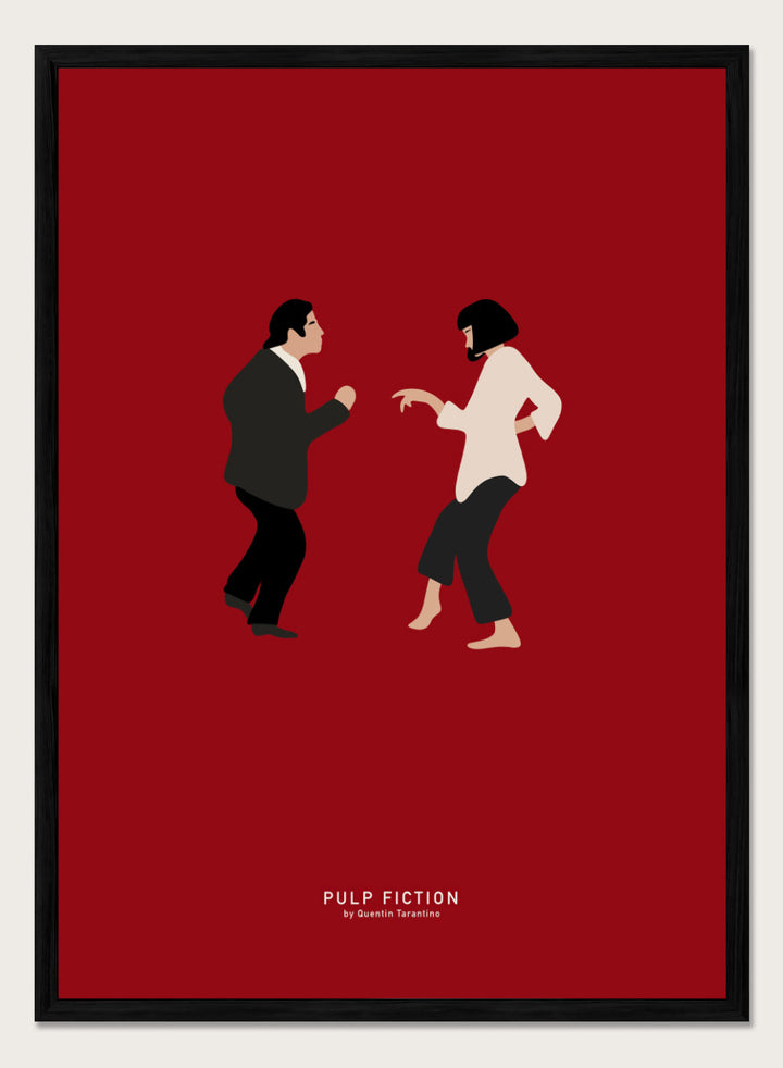 Minimalist illustration of two characters facing each other on a red background with 'Pulp Fiction' text. Minimalist dance illustration of two figures on a red background by Anne-Marie Volfova. Officially licensed modern art print with optional framing.