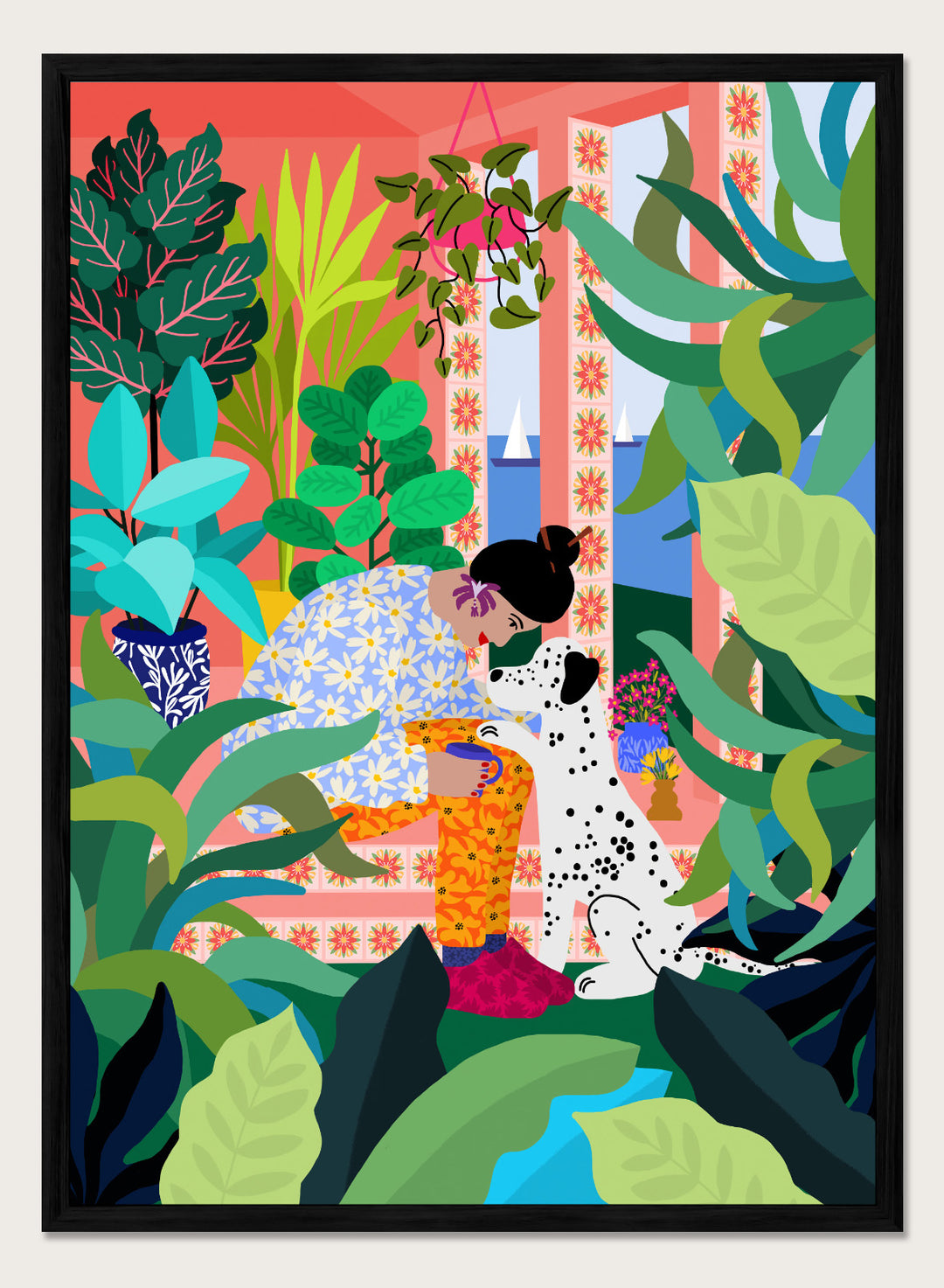 Illustration of a woman and a Dalmatian dog surrounded by plants in a colorful room. Girl with Doggie by Rafaela Mascaro fine art print featuring woman with dog in lush botanical interior, colorful modern wall art poster.