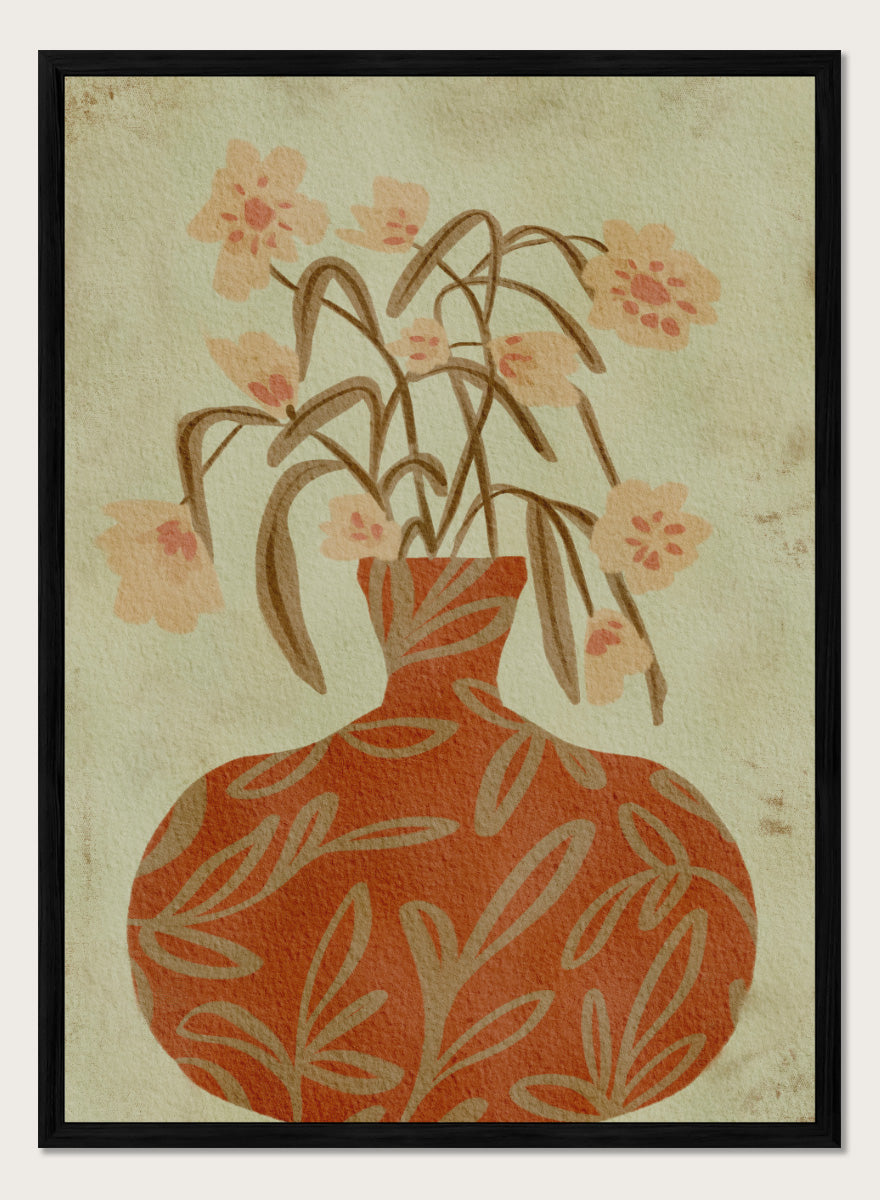 Shop Terracotta Vase Blossoms by Nikita Jariwala, a botanical wall art print featuring a terracotta vase, soft florals, and warm earthy rust and sage tones.
