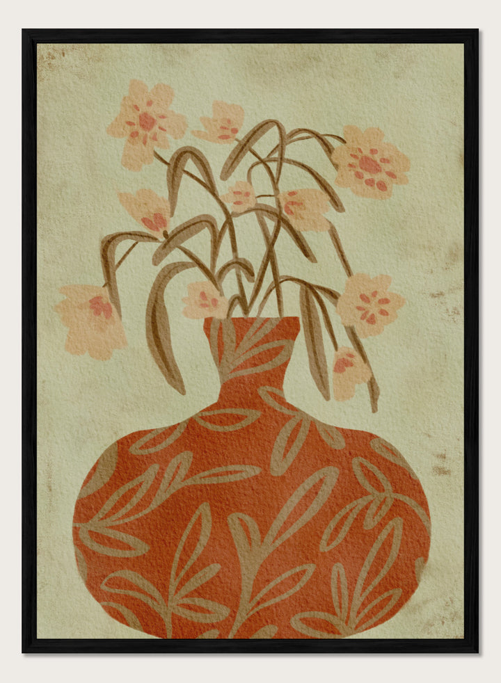 Shop Terracotta Vase Blossoms by Nikita Jariwala, a botanical wall art print featuring a terracotta vase, soft florals, and warm earthy rust and sage tones.