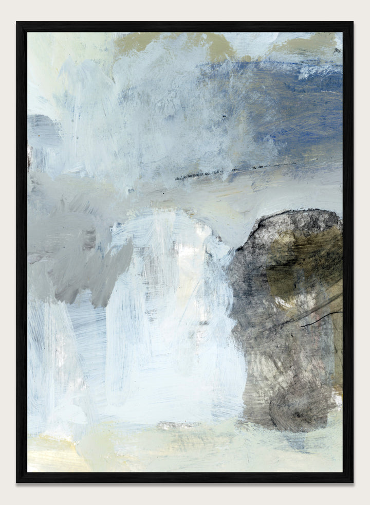Shop Blue by Dan Hobday, a contemporary abstract art print in soft blue, white, and gray with layered texture and a clean, modern look.