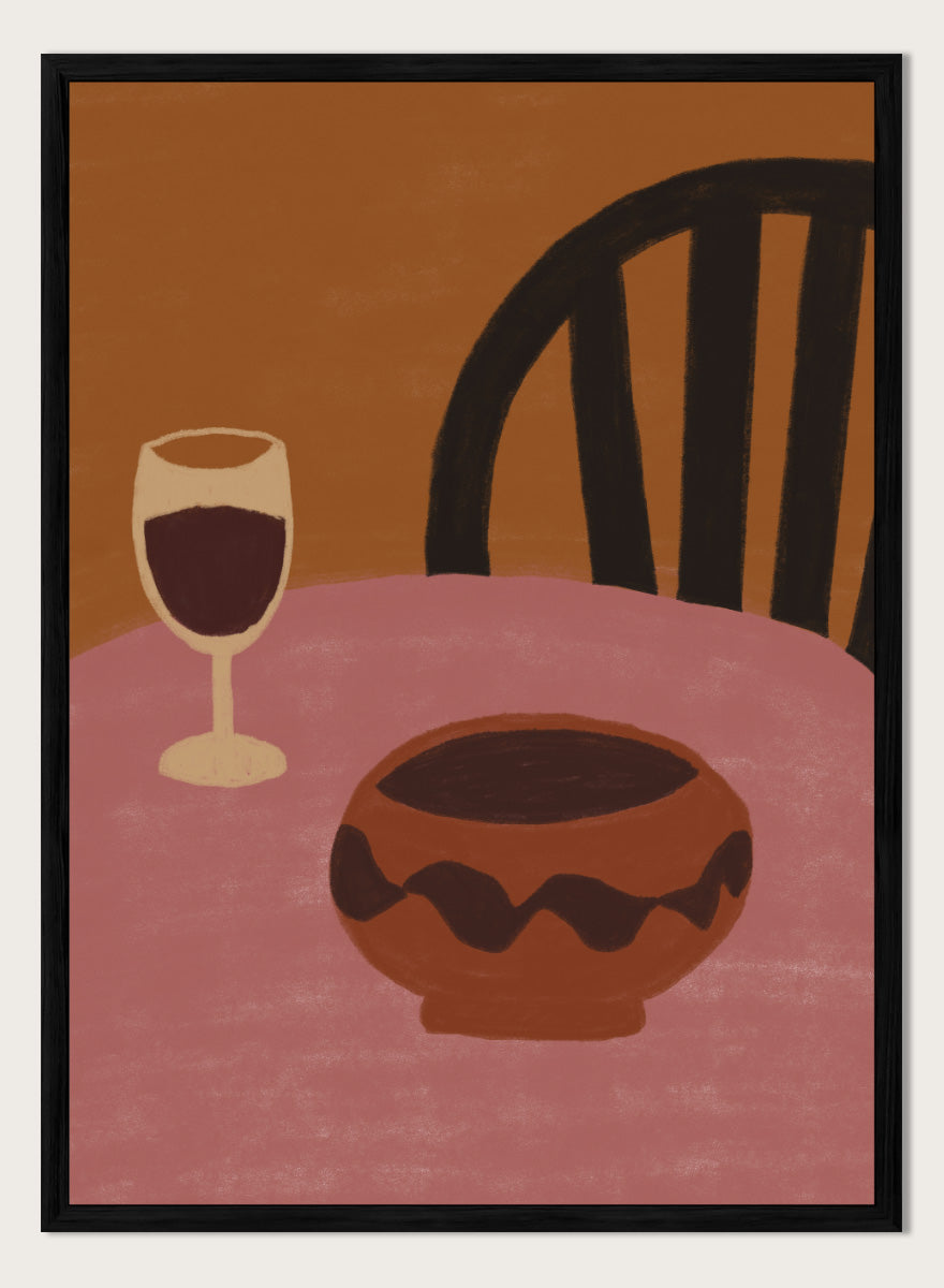 A stylized still life artwork showing a pink table, a dark brown bowl in the foreground, a wine glass with deep red liquid, and a black chair against a warm brown background. Warm Dining Still Life by The Art Concept still life art print featuring red wine, a rounded bowl, pink tabletop, and rich burgundy and rust tones.