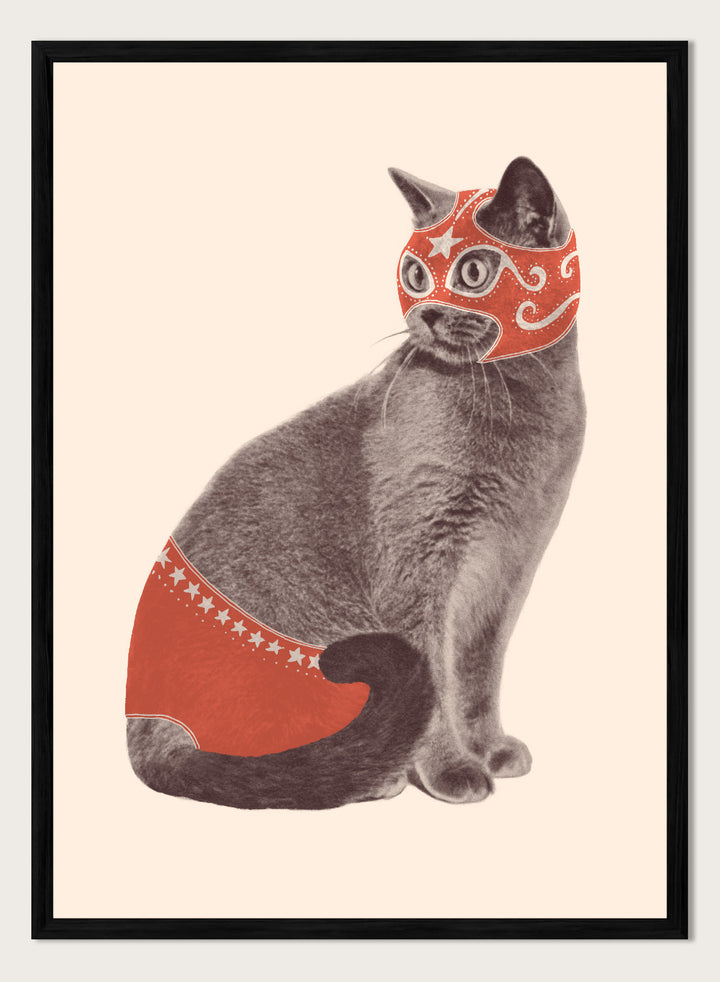 Cat wearing a red mask and underwear on a beige background. Funny Luchador Cat by Florent Bodart is a playful cat art print with bold red mask, a modern wall poster with humorous and surreal animal design.
