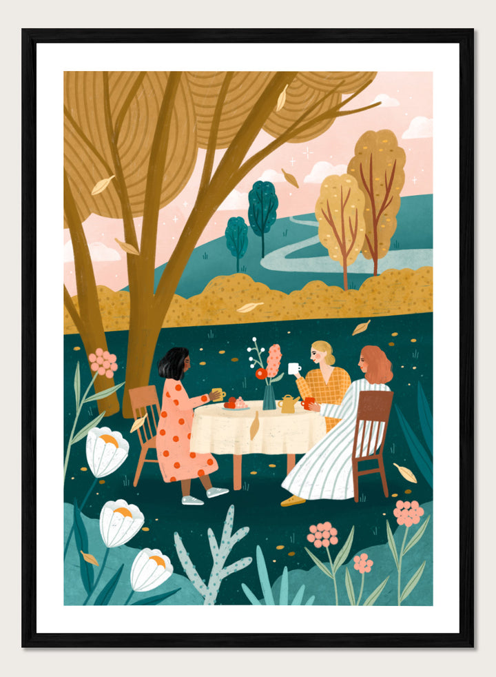 Shop Autumn Tea Party by Bea Müller, a figurative wall art print poster featuring three friends sharing tea in a garden surrounded by warm green autumn scenery.