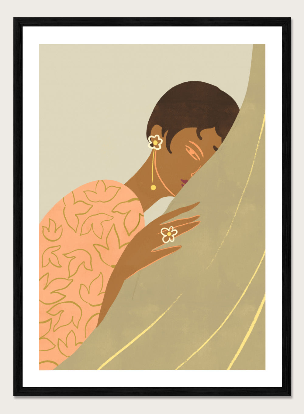 Illustration of a woman wrapped in a floral-patterned shawl with a neutral background. The Introvert by Arty Guava is a modern portrait illustration featuring a woman figure, soft color palette, contemporary wall art style, and officially licensed artwork.