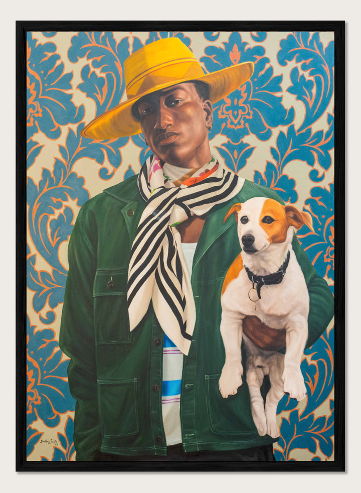 A stylized portrait painting of a person wearing a wide yellow hat, green jacket, and striped scarf, holding a white and tan dog against a blue and beige damask-patterned background. Shop Stylish Man and Dog by Damilare Jamiu, a contemporary figurative wall art print featuring a stylish man, small dog, bold fashion, and rich green and blue tones.