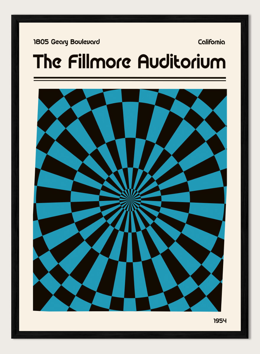 A poster-style graphic for The Fillmore Auditorium, with black text on a cream background and a large central optical illusion pattern in turquoise blue and black radiating inward. Text at the top reads &