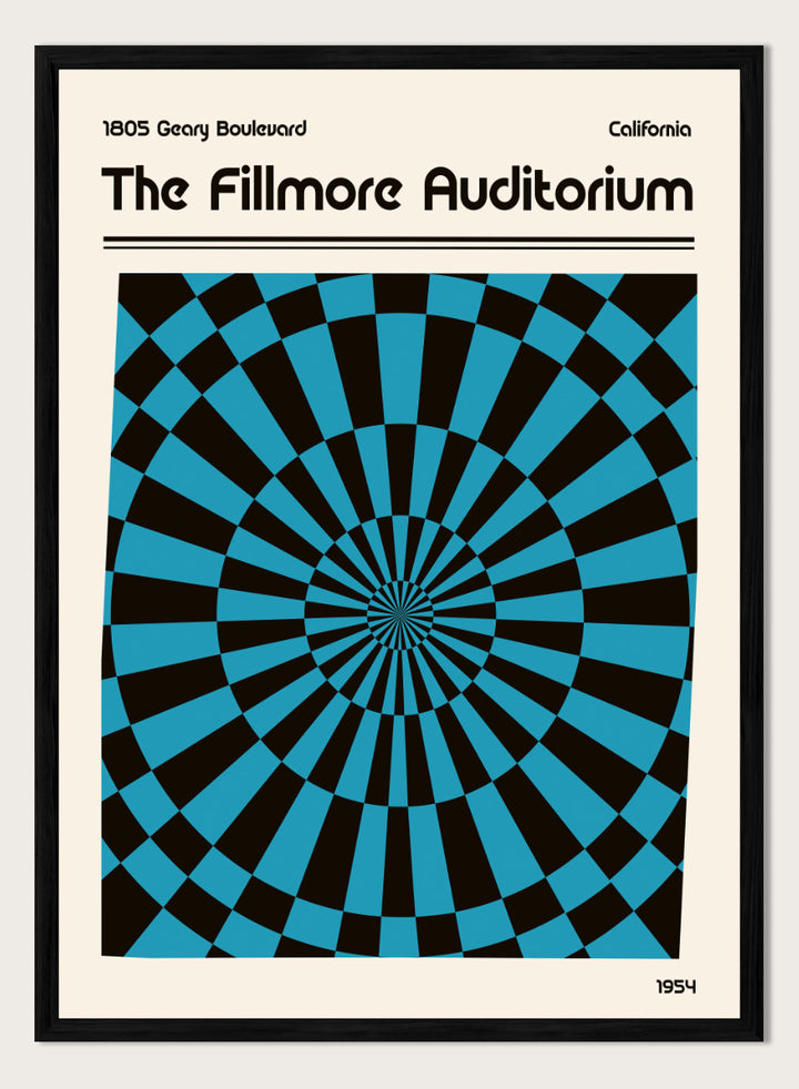 A poster-style graphic for The Fillmore Auditorium, with black text on a cream background and a large central optical illusion pattern in turquoise blue and black radiating inward. Text at the top reads &