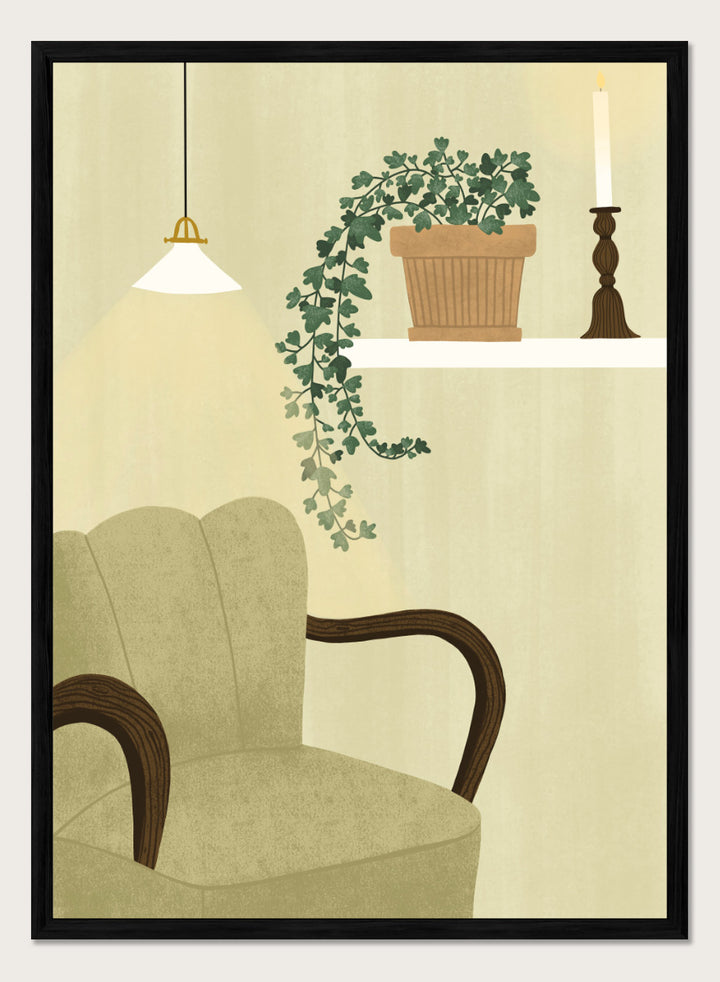 A framed art print featuring a cozy interior scene with a beige armchair, a hanging pendant light, a shelf with a potted trailing green plant and a candlestick, and a cream-colored wall background. Shop Cozy Indoor Retreat by Elsa Nätterdal, a modern interior art print featuring a cozy armchair, trailing houseplant, candlelight, and warm neutral tones.