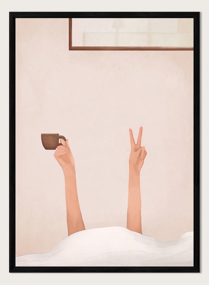 Person holding a cup with one hand and making a peace sign with the other, against a plain wall. Morning Coffee Peace by Flow Line is a playful coffee art print featuring a cozy bed scene, slow mornings, and minimalist bedroom wall art for modern interiors.