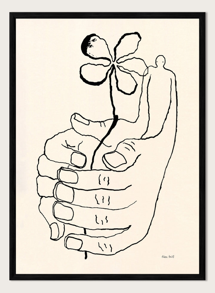 Black line drawing of a hand holding a flower on a beige background. Let It Grow by Eden Kalif is a modern line art print featuring a hand holding a flower with a human figure, designed as a minimalist contemporary wall poster.