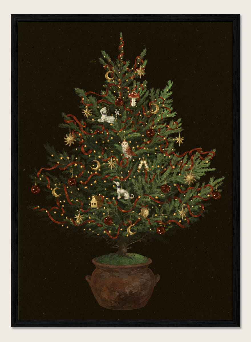 Shop Whimsical Christmas Tree by NKTN, a festive Christmas wall art print poster featuring a decorated tree, woodland ornaments, stars, ribbons, and glowing lights.