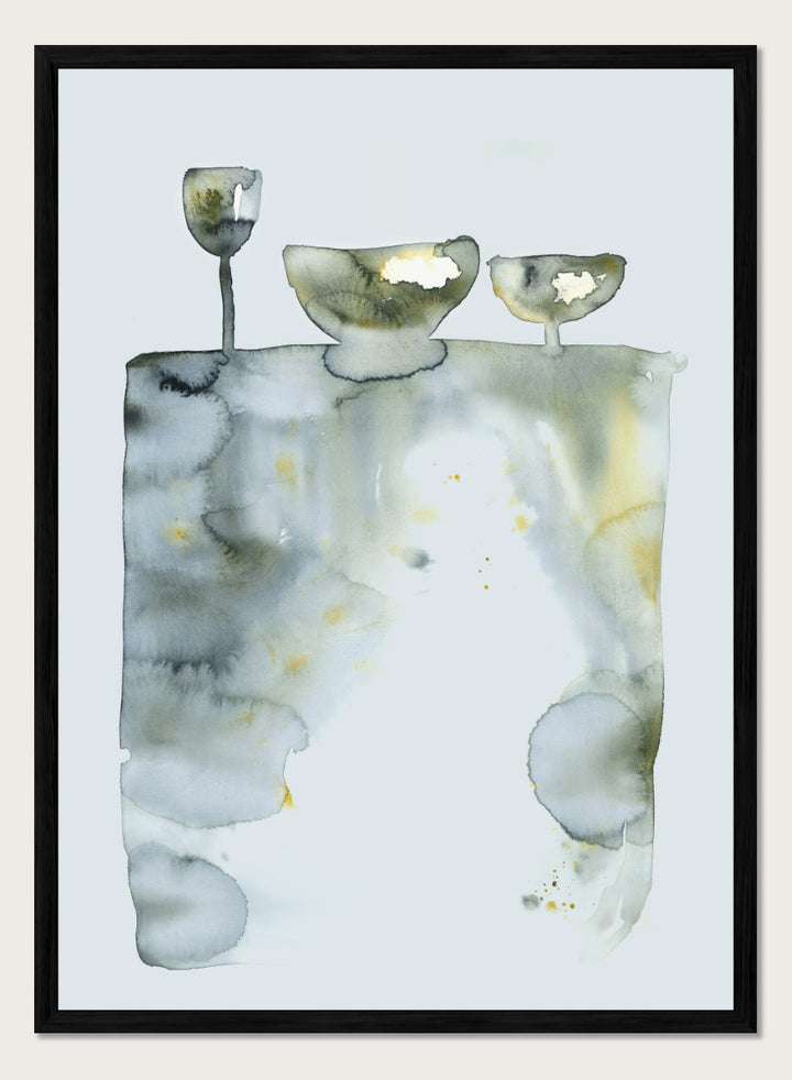 Shop Abstract Still Life Bowls by Helena Ryhle, a modern still life wall art print poster featuring watercolor bowls, glassware, and soft abstract forms.