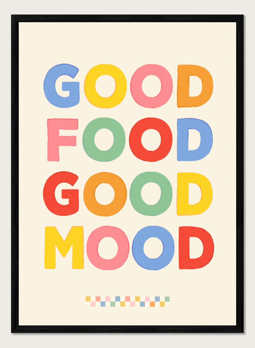 Shop Good Food Good Mood by Dominique Vari, a colorful kitchen wall art print poster featuring playful retro typography and a cheerful food-inspired message.