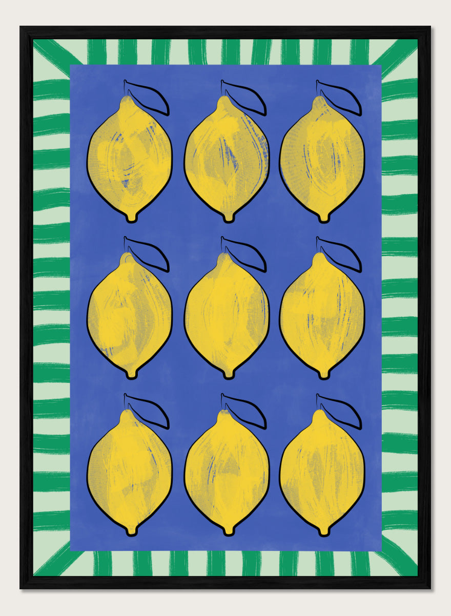 Shop Vibrant Lemons Blue Grid by Elena Ristova, a colorful lemon wall art print poster in yellow, blue, and green with a bold graphic grid design.