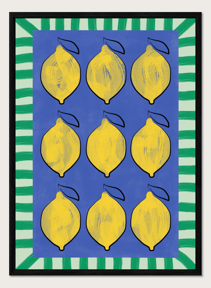 Shop Vibrant Lemons Blue Grid by Elena Ristova, a colorful lemon wall art print poster in yellow, blue, and green with a bold graphic grid design.