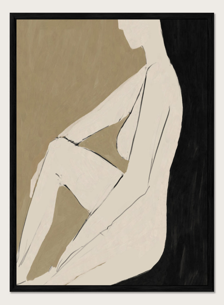 Shop Chill by Dan Hobday, a contemporary figurative art print featuring a relaxed seated figure, soft neutral tones, bold black forms, and minimal linework.