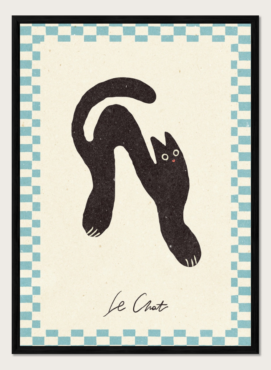 Shop Le Chat No.02 by NKTN, a playful black cat wall art print poster featuring a stretched cat, checkerboard border, and quirky vintage-inspired style.